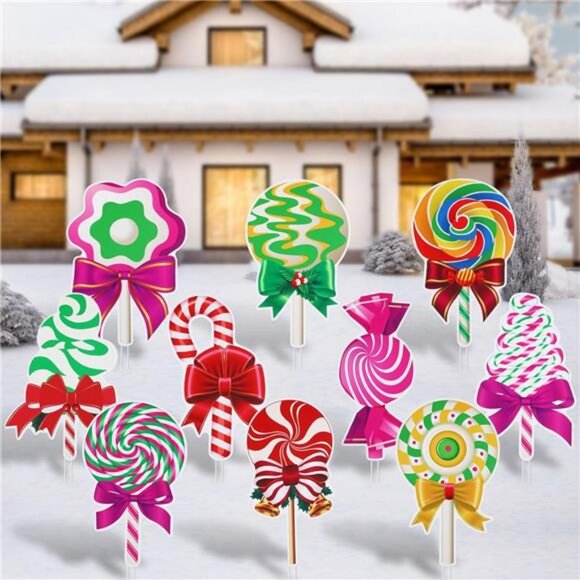 10 Pieces Christmas Candy Decor Yard Signs Plastic Peppermint Lollipop Cane